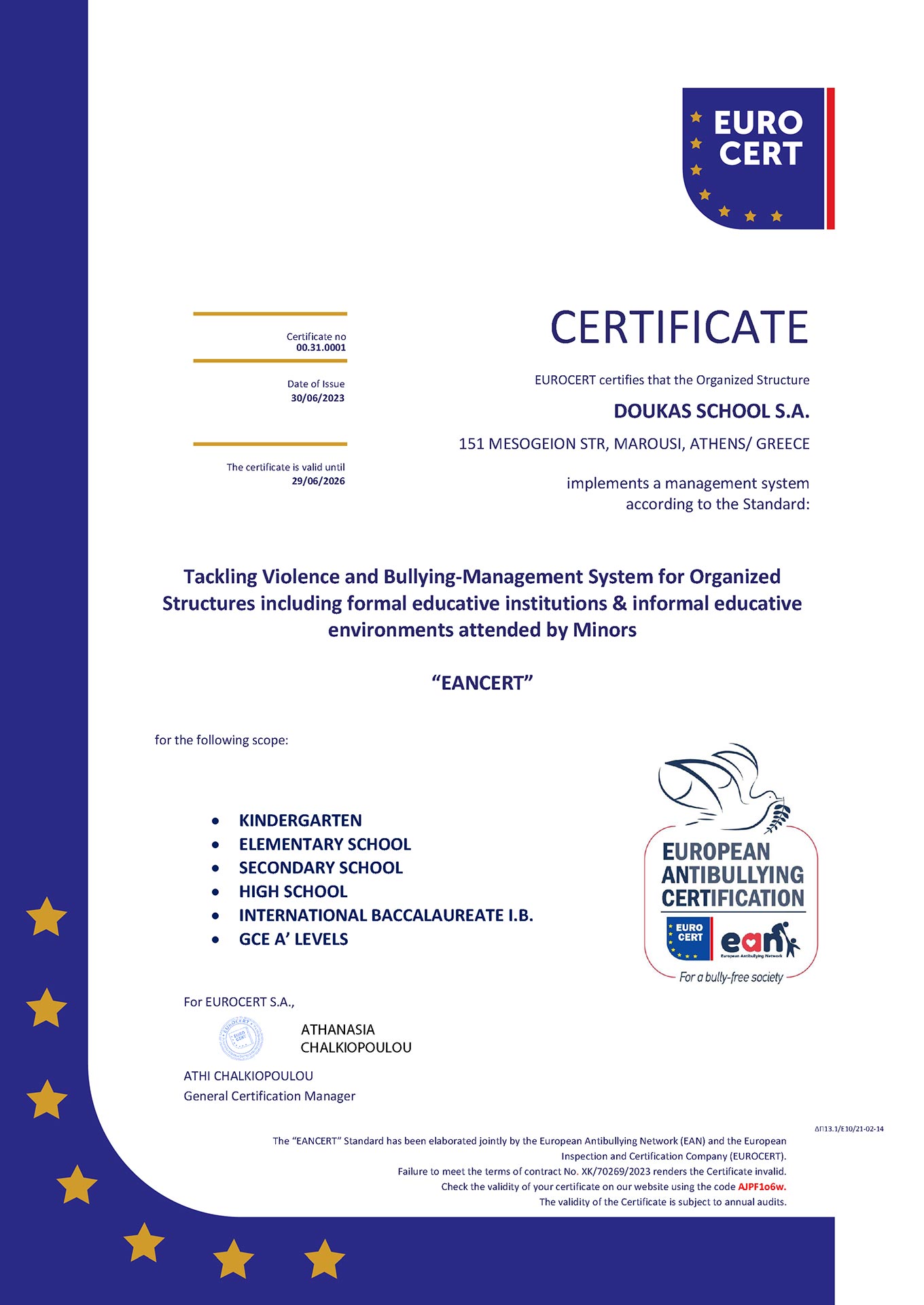 Pan-European Certification Tackling Violence and Bullying-Management System